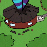 drawing giantess large_breasts long_hair destruction low_angle red_hair shorts animation dark_skin striped_stockings