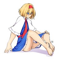 drawing blonde color blue_eyes toes barefoot soles touhou short_hair sitting alice_margatroid between_feet hairband thick_thighs no_background hollewdz