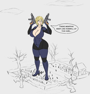 drawing giantess blonde gun huge_breasts short_hair outdoors resident_evil church dialogue zombies grave_stone topsecretname