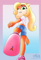 drawing crush furry blonde color long_hair butt clothed green_eyes shoes low_angle looking_back no_background coco_bandicoot crash_bandicoot barasma crash_bandicoot_(series)