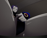 drawing size_difference color butt purple_hair low_angle raven teen_titans sitting between_legs shrunken_man teasing pulling thighs indoors belt leotard looking_at_tiny dc_comics anon pale_skin grey_skin ravenravenraven