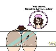 panties long_hair glasses butt_crush brunette hat big_butt dialogue no_background cutaway peelheel