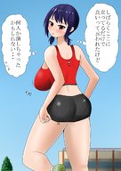 drawing giantess blushing color long_hair blue_hair huge_breasts blood falling shoe_crush outdoors japanese_text looking_back inside_clothing dialogue orenjii