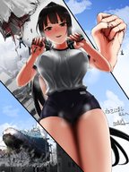 crush blushing city destruction handheld huge_breasts blood smiling gore walking looking_down hand_crush shoe_crush outdoors rakia