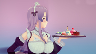 blushing large_breasts long_hair anime purple_hair shrunken_woman food maid_uniform no_background digital_render koikatsu