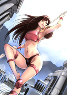 drawing giantess long_hair armor brunette vivian outdoors spear skimpy_clothing bare_midriff