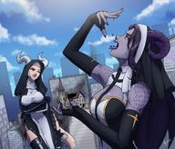 breasts drawing giantess vore horns tail city mega color destruction rampage giantesses outdoors monster_girl church demons nuns mass_vore vexmaelrin evil_nuns