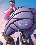 drawing giantess crush city black_hair color large_breasts long_hair butt clothed buildings butt_crush purple_hair huge_breasts low_angle smiling ponytail looking_down clouds sky looking_back purple_skin rear_view imminent_crush smug overwatch widowmaker smirking skintight_clothing caiman2 tracer_(overwatch) clonecamando1471