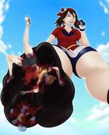 drawing giantess pokemon vore blood low_angle socks gore hard_vore foot_crush shrunken_woman cruel outdoors thick_thighs bandanna swgtsdrawing may_(pokemon) squirtle misty_(pokemon)