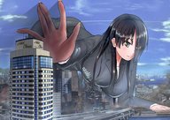 drawing giantess city black_hair long_hair destruction buildings huge_breasts breast_crush crawling reaching outdoors office_lady bigsis_iyashi