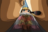 drawing blushing blonde long_hair smiling between_legs looking_down ahoge inside_clothing preesoul