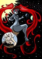 drawing giantess nude giga long_hair planet breast_crush multiple_sizes red_hair sitting surprised twintails blue_skin looking_down pinned big_butt drsgrowth