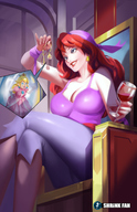 drawing blonde color large_breasts long_hair clothed cleavage princess_peach smiling red_hair sitting shrunken_woman indoors jewelry necklace earrings wine_glass captain_syrup looking_at_tiny bandanna imprisoned shrinkfan wario_land jewelry_entrapment