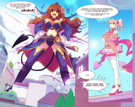 drawing growth giantess horns size_difference city color long_hair clothed buildings brunette pink_hair short_hair outdoors dialogue momo angelgts shamiko machikado_mazoku