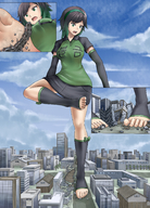 drawing giantess city black_hair large_breasts long_hair skirt buildings train foot_crush looking_down outdoors stuck_to_foot stirrups foot_prints miaokong echo