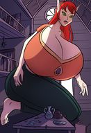 drawing growth giantess color barefoot green_eyes huge_breasts elf red_hair indoors pointed_ears caiman2 inside_house