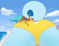 drawing gentle giantess pokemon panties furry tail anthro city color butt blue_eyes clothed beach buildings glasses lying_down open_mouth sand thighs outdoors hat looking_back commission sunbathing on_butt looking_at_tiny bare_legs beach_towel sihagen sobble monferno tonyquacker beach_umbrella