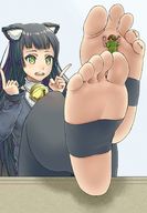 drawing gentle black_hair color long_hair toes playful soles anime trapped cat_girl between_feet monster_girl raised_foot looking_at_tiny stirrups miaokong