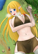 drawing giantess blushing blonde color long_hair blue_eyes clothed sword huge_breasts elf lying_down surprised open_mouth outdoors pointed_ears オレンジ giant_elf