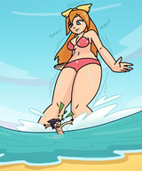 bikini drawing giantess large_breasts long_hair beach cleavage wet ribbon red_hair surprised outdoors megamaliit