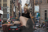 collage horns blonde long_hair destruction toes barefoot soles sitting cosplay outdoors crowds bowsette