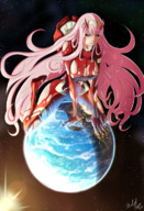 earth giga horns space long_hair destruction planet pink_hair sun looking_down hairband bryan_lobdell darling_in_the_franxx zero_two