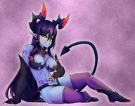 drawing horns tail wings black_hair color anime demon red_eyes fang gloves sitting blue_skin shrunken_man teasing tattoo monster_girl thigh_highs relaxing skimpy_clothing monster_girl_encyclopedia hollewdz