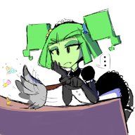 drawing color clothed princess_peach fang green_hair nylons bending_over table shrunken_woman maid_uniform tinies princess_daisy bored no_background green_skin duster princess_rosalina hand_on_head fupoo dusting mimi_(super_paper_mario) super_paper_mario