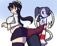 drawing blonde black_hair color long_hair clothed crossover skirt red_eyes blue_hair blue_skin shrunken_woman thighs looking_back roll between_butts no_background fupoo squigly bare_midriff