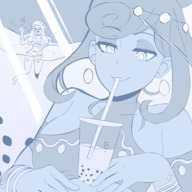 drawing vore monochrome long_hair drink shrunken_woman drinking earrings straw imminent_vore herretik