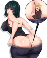 breasts gentle giantess size_difference large_breasts butt clothed commission inside_clothing no_background looking_at_tiny one_punch_man vkelis nightingale122 blizzard_(one_punch_man) leon_takayashi