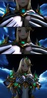 blushing large_breasts shrunken_woman digital_render cupping_breasts xenoblade_chronicles_2 between_breasts mythra sourcesizeshenanigans rex