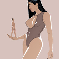nude black_hair large_breasts long_hair handheld cleavage looking_down no_background growingconcerned