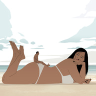 bikini drawing black_hair large_breasts long_hair beach barefoot lying_down sitting bbw dark_skin outdoors looking_back big_butt on_butt smirking growingconcerned