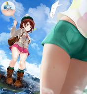 drawing giantess pokemon city color destruction clothed skirt brunette yellow_eyes scared boots giantesses thighs outdoors on_finger beret sweat_drop alice-magic dynamax sobble pokemon_sword_and_shield gloria_(pokemon)