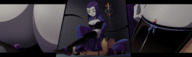 breasts drawing comic color large_breasts cleavage purple_hair pink_hair raven teen_titans red_hair starfire short_hair boots witch sitting nylons shrunken_woman looking_down staff tinies cape belt inside_clothing leotard witch_hat dc_comics orange_skin grey_skin cutaway ravenravenraven clothing_entrapment between_breasts jinx_(teen_titans)