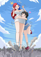 breasts drawing giantess blushing city angel color large_breasts destruction clothed cleavage skirt glasses green_eyes shoes giantesses hugging outdoors jenny heterochromia multicolored_hair thedaibijin