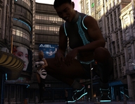 giantess blonde black_hair long_hair clothed buildings multiple_sizes short_hair mini_giantess muscles looking_down giantesses dark_skin outdoors crouching