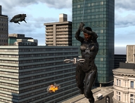 giantess city black_hair armor short_hair explosion fighting dark_skin outdoors digital_render vardyger