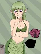 vore blushing large_breasts long_hair cleavage smiling green_hair looking_down internal_view pointed_ears cutaway khalcifieron