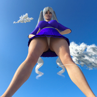 giantess white_hair panties giga upskirt low_angle smiling twintails looking_down jets clouds hands_on_hips digital_render notch
