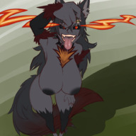 drawing nude tail black_hair color long_hair tongue handheld saliva anime unknown_artist collar shrunken_man open_mouth dangle dark_skin monster_girl wolf_girl wolf_ears imminent_vore monster_girl_encyclopedia hellhound flaming_eyes