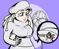 drawing white_hair pokemon color large_breasts long_hair blue_eyes clothed climbing shrunken_woman looking_down standing hat fan no_background on_breasts pokemon_sword_and_shield slugmanoctavio3 gloria_(pokemon) melony