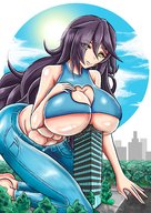 breasts drawing giantess city black_hair color long_hair destruction cleavage buildings huge_breasts breast_crush abs outdoors aliessa vespart
