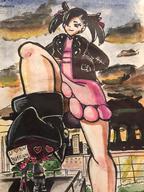 drawing giantess crush pokemon feet city mega upskirt black_hair color buildings green_eyes shoes smiling short_hair foot_crush legs town looking_down thighs outdoors under_foot raised_foot imminent_crush looking_at_tiny riadorana bare_legs pokemon_sword_and_shield marnie