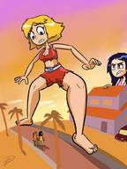 breasts drawing giantess blonde black_hair color large_breasts blue_eyes barefoot cleavage purple_eyes red_hair mandy giantesses clover palm_trees totally_spies belt ripped_clothing jumpsuit alex sam looking_at_tiny bare_midriff defmno