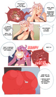 drawing white_hair comic butt clothed shrinking smiling short_hair anal_insertion phone fangs shrunken_man dialogue panels pointed_ears thaddeusmcboosh