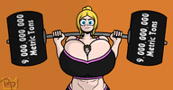 drawing blonde long_hair huge_breasts smiling ponytail muscles shrunken_man no_background bare_midriff between_breasts peelheel