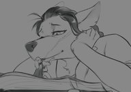 drawing gentle furry wolf anthro dog monochrome clothed kissing shrunken_man sketch kerneldecoy