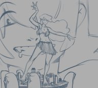 drawing giantess city monochrome handheld saliva multiple_sizes smiling giantesses dancing closed_eyes kononiko